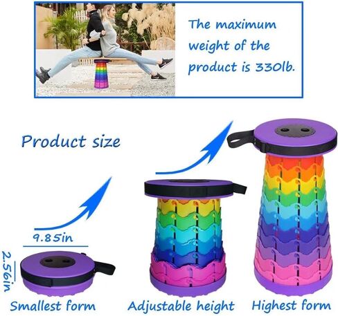 Portable Telescoping Stool for Adults Heavy Duty, Plastic Collapsible Chair Can Hold 500lb, Retractable Folding Stools for Fishing, Hiking, Traveling (Kids Black Rainbow) in Saudi Arabia