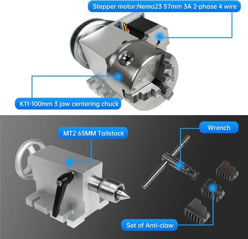 CNCTOPBAOS CNC Rotary Axis 4th Axis with 3 Jaw Chuck,K11-100mm Hollow Shaft Dividing Head Rotational A Axis,with 65mm Tailstock,Reducing Ratio:6:1 for CNC Router Lathe Engraving Milling Machine in Saudi Arabia