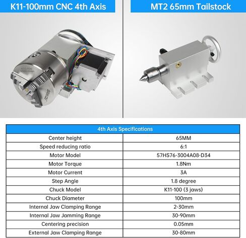 CNCTOPBAOS CNC Rotary Axis 4th Axis with 3 Jaw Chuck,K11-100mm Hollow Shaft Dividing Head Rotational A Axis,with 65mm Tailstock,Reducing Ratio:6:1 for CNC Router Lathe Engraving Milling Machine in Saudi Arabia