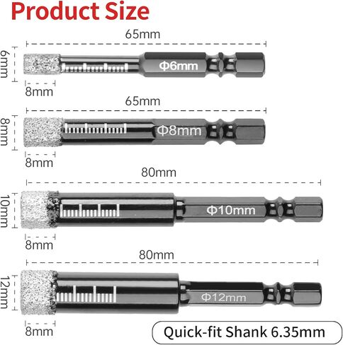 Diamond Drill Bits,NOEAIKE 10-Pack 1/4"(6mm) Dry Diamond Core Drill Bit Set for Ceramic,Granite,Tile,Glass,Marble,Brick,Stone with 1/4 Hex Shank in Saudi Arabia