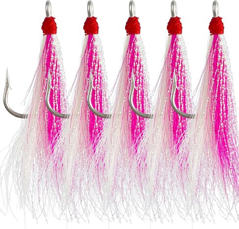 Bucktail Teaser Fishing Hooks,5pcs Saltwater Flounder Rig Stainless Steel Fishing Jig Hooks Bucktail Mylar Flash Teasers Inserted for Striper Catfish Cod Flounder Hi/Lo Rig in Saudi Arabia