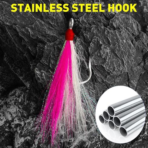 Bucktail Teaser Fishing Hooks,5pcs Saltwater Flounder Rig Stainless Steel Fishing Jig Hooks Bucktail Mylar Flash Teasers Inserted for Striper Catfish Cod Flounder Hi/Lo Rig in Saudi Arabia