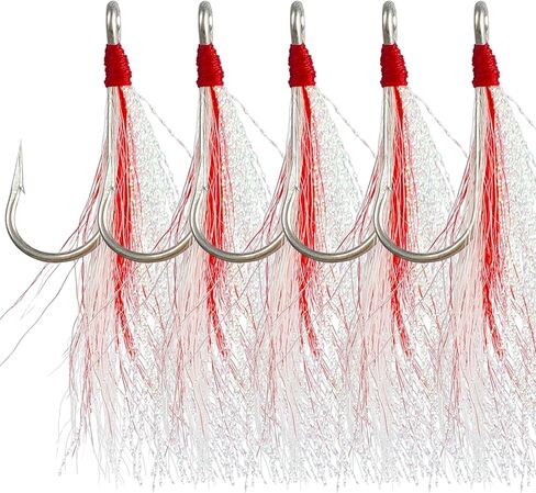 Bucktail Teaser Fishing Hooks,5pcs Saltwater Flounder Rig Stainless Steel Fishing Jig Hooks Bucktail Mylar Flash Teasers Inserted for Striper Catfish Cod Flounder Hi/Lo Rig in Saudi Arabia