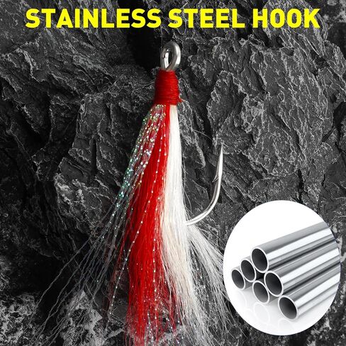 Bucktail Teaser Fishing Hooks,5pcs Saltwater Flounder Rig Stainless Steel Fishing Jig Hooks Bucktail Mylar Flash Teasers Inserted for Striper Catfish Cod Flounder Hi/Lo Rig in Saudi Arabia