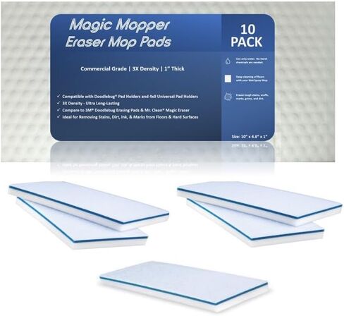ممحاة Magic Mopper مقاس 11.43 سم × 25.4 سم × 2.54 سم، ممسحة لتنظيف الأرضيات، إسفنجات ممحاة متينة من الميلامين، جدران من بلاط الأرضيات من الدرجة التجارية، مقارنة بالممحاة السحرية - وسادة Doodlebug (5 عبوات) in Kuwait