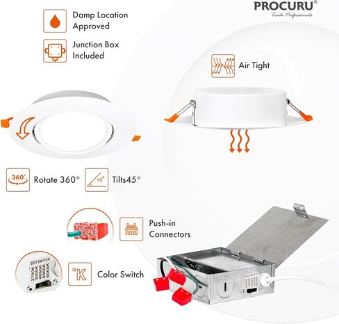 PROCURU [4 عبوات] مصباح LED محكم الغلق بقياس 6 بوصات 2700K-6000K لون يمكن اختياره، تدوير وتدوير مصباح سقف مجوف رفيع للغاية مع صندوق J، قابل للتعتيم، تصنيف IC (V6SL-GB-4P) in Kuwait