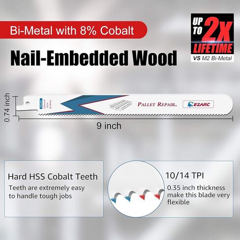EZARC Reciprocating Saw Blades Set 9 Inch, Bi-Metal with Cobalt Nail Embedded Wood, Pallet Repair, Multi-Purpose Demolition Blades for Reciprocating/Sawzall Saws/Sabre Saws 10/14TPI (10-Pack) in Kuwait