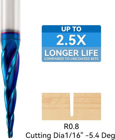 لقم توجيه CNC 1/4 عرقوب لولبية كروية أنف 2D و3D لقم نحت 5.4 درجة زاوية مدببة طرف كروي R0.8 1/4 "عرقوب 3" OVL لنقش نحت الخشب in Kuwait