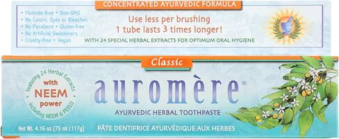 Auromere Ayurvedic Herbal Toothpaste, Classic Licorice Flavour - Vegan, Natural, Non GMO, Fluoride Free, Gluten Free, with Neem & Peelu (4.16 oz), 1 Pack in Kuwait