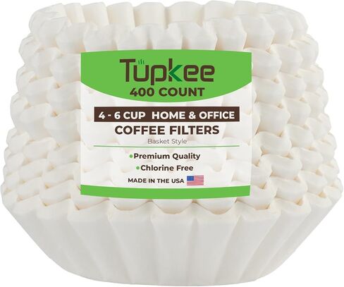 Tupkee Coffee Filters 4-6 Cups - 200 Count, Junior Basket Style, White Paper, Chlorine Free 5 Cup Coffee Filter, Made in the USA in Kuwait