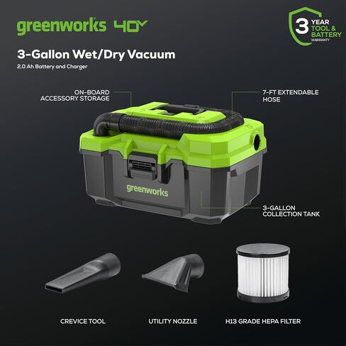 مكنسة Greenworks 40V (3 جالون) اللاسلكية الرطبة / الجافة + الملحقات، وبطارية 2.0 أمبير في الساعة وشاحن متضمن in Saudi Arabia