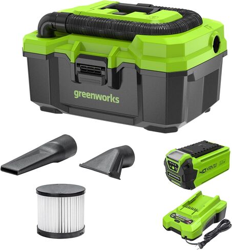 مكنسة Greenworks 40V (3 جالون) اللاسلكية الرطبة / الجافة + الملحقات، وبطارية 2.0 أمبير في الساعة وشاحن متضمن in Saudi Arabia