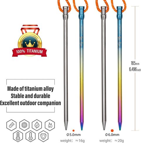 TITO Titanium Outdoor Camping Straight Nail Pegs Stakes with Size 5mm/6mm Pack of 6 (Colorful 5.0×165mm) in Saudi Arabia