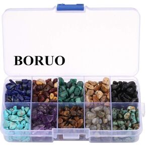 Gemstone Beads, BORUO Natural Chips Irregular 10 Color Passion Theme Assorted Box Set Loose Beads 7~8mm Crystal Energy Stone Healing Power for Jewelry Making(Plastic Box is Included)