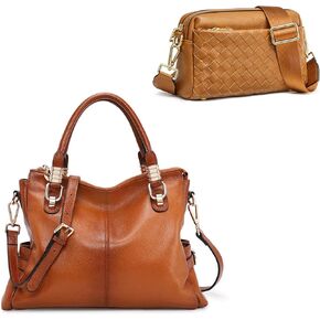 Kattee Genuine Leather Tote Bags Bundle with Small Woven Crossbody Bags for Women