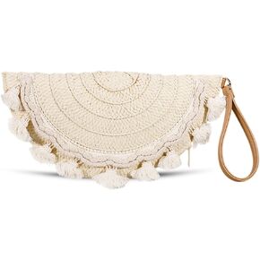 QTKJ Clutch Purses for Women, Straw Beach Bag, Bohemian Handmade Woven Envelope Package, Semicircle Tassel Summer Handbags for Vacation, Travel