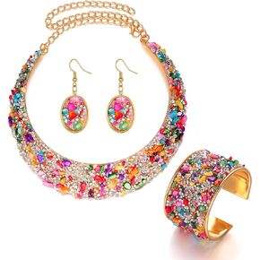 K-toobeely 3pcs Colorful Stone Rhinestone Collar Gold Metal Necklace Sets For Women Bib Choker Collars Necklaces Jewelry Accessories1
