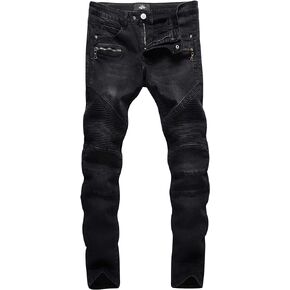 ZLZ Black Biker Jeans for Men Slim Fit, Men's Comfy Stretch Ripped Distressed Biker Jeans Pants Rock, Designer Jeans, Size 30
