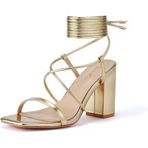 GENSHUO Square Toe Sandals Women Lace up Chunky High Heels Strappy Sandals Block Heeled Homecoming Wedding Dress Shoes