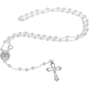 925 Sterling Silver 4mm 18 Inch Beaded Rosary Necklace with Dangling Cross.
