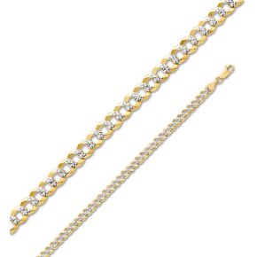 14k Two Tone Yellow and White Gold Solid 4.7mm Cuban Concaved Curb White Pave Diamond-Cut Chain Necklace with Secure Lobster Claw Clasp