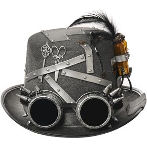 GRACEART Steampunk Top Hat for Men Women with Removable Goggle Antique Silver