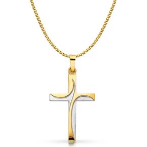 14K Two Tone Gold Cross Charm Pendant with 1.4mm Flat Open Wheat Chain Necklace