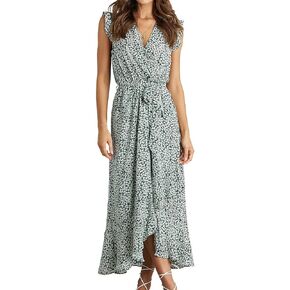 BTFBM Women Summer Dresses 2024 Ruffle Cap Sleeve V Neck Belt Wrap Split Boho Floral Long Casual Party Beach Maxi Dress