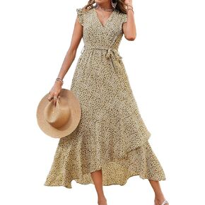 BTFBM Women Summer Dresses 2024 Ruffle Cap Sleeve V Neck Belt Wrap Split Boho Floral Long Casual Party Beach Maxi Dress