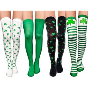 TURNMEON St. Patrick Day 27" Long Socks 4 Pairs Shamrock Striped Socks Irish Clover Running Knee Thigh High Stockings Women