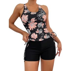 WDIRARA Women's 2 Piece Floral Print Drawstring Side Swimwear Set Ruched Tankini Tops and Shorts Swimsuit Sets Bathing Suit