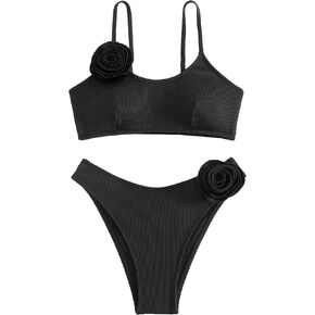 OYOANGLE Women's 2 Piece 3D Rose Spaghetti Strap Bikini Swimsuit Ribbed Knit High Cut Bathing Suits