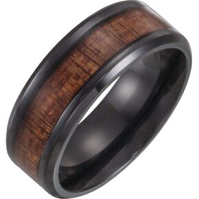 Black 8mm Beveled Edge Wedding Band Ring Comfort Fit Wood Inlay