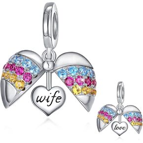 FOREVER QUEEN Wings of Angel 925 Sterling Silver Heart Charms for Women Engraved with wife mom, Compatible with Charms Bracelet and Necklace…