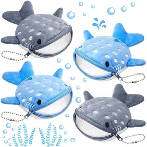 SilTriangle 4 Pcs Whale Shark Coin Purse Cute Small Plush Coin Pouch with Zipper Hanging Chain Kawaii Embroidered Cartoon Shark Wallet for Kids Girls Women Cosmetic Items Earphone Gifts, Blue, Gray