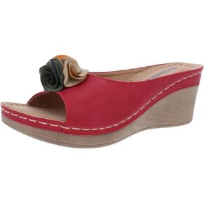 GC Shoes Womens Wedge Sandals, Open Toe Mid Heel Platform, Comfy Vegan Leather Solid Flower Strap Slide Wedges