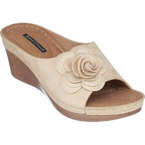 GC Shoes Womens Wedge Sandals, Open Toe Mid Heel Platform, Comfy Vegan Leather Solid Flower Strap Slide Wedges