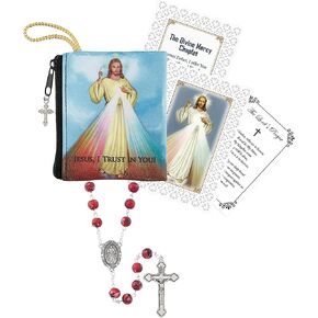 Chaplet of Divine Mercy - Divine Mercy Rosary, Divine Mercy Rosary Pouch, The Lord's Prayer Card - Red Marble Style Rosary Beads Divine Mercy - Divine Mercy Prayer Card Themed Set - 4 Items
