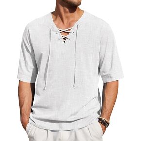 COOFANDY Men Linen Tunic Viking Meditation Shirt 3/4 Sleeve V Neck Beach T Shirts White