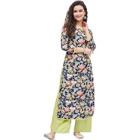 Tissu Women's Rayon Blue & Green Printed A-Line Kurta with Palazzo