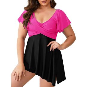 ZOMVA 2024 Women's Plus Size Bathing Suit 2 Piece Swim Dress Tankini Swimsuit V Neck Asymmetrical Slit