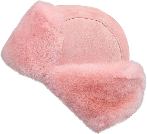 Unisex Shearling Sheepskin Leather Aviator Russian Ushanka Trapper Winter Fur Hat (Pink, X-Large) in Saudi Arabia