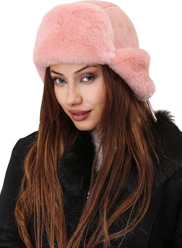 Unisex Shearling Sheepskin Leather Aviator Russian Ushanka Trapper Winter Fur Hat (Pink, X-Large) in Saudi Arabia
