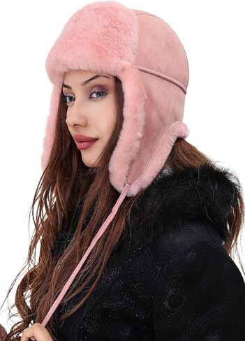 Unisex Shearling Sheepskin Leather Aviator Russian Ushanka Trapper Winter Fur Hat (Pink, X-Large) in Saudi Arabia