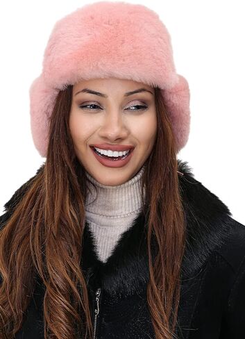 Unisex Shearling Sheepskin Leather Aviator Russian Ushanka Trapper Winter Fur Hat (Pink, X-Large) in Saudi Arabia
