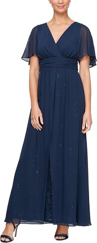 S.L. Fashions Women's Long V-Neck Flutter Sleeve A-Line Dress, Navy in Saudi Arabia