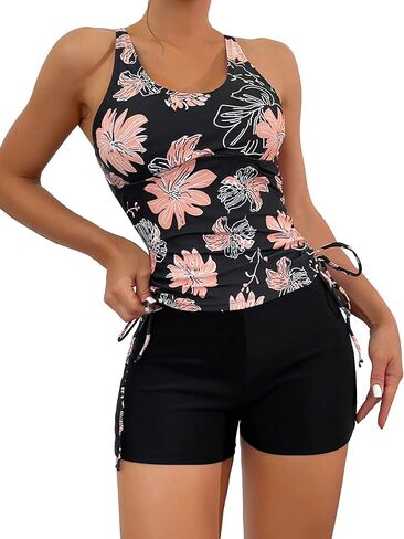 WDIRARA Women's 2 Piece Floral Print Drawstring Side Swimwear Set Ruched Tankini Tops and Shorts Swimsuit Sets Bathing Suit in Saudi Arabia