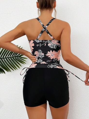 WDIRARA Women's 2 Piece Floral Print Drawstring Side Swimwear Set Ruched Tankini Tops and Shorts Swimsuit Sets Bathing Suit in Saudi Arabia