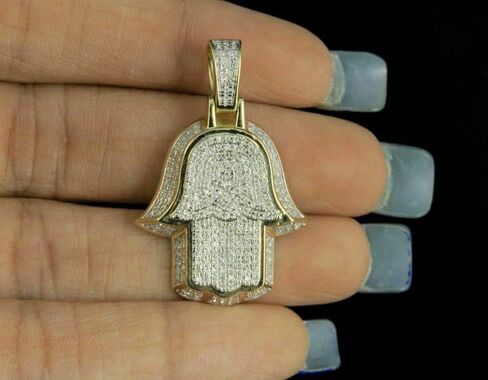 Men's 14K Yellow Gold Over Diamond Pave 3D Hamsa Hand Pendant Charm 1.00 CT 1.5" in Saudi Arabia
