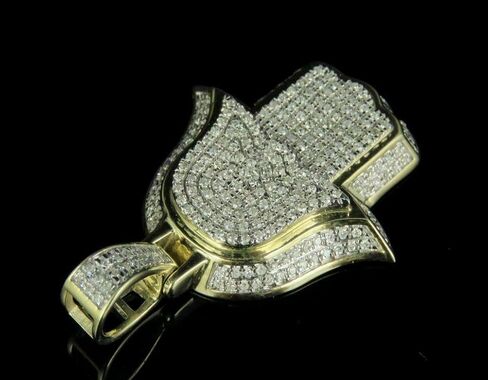 Men's 14K Yellow Gold Over Diamond Pave 3D Hamsa Hand Pendant Charm 1.00 CT 1.5" in Saudi Arabia